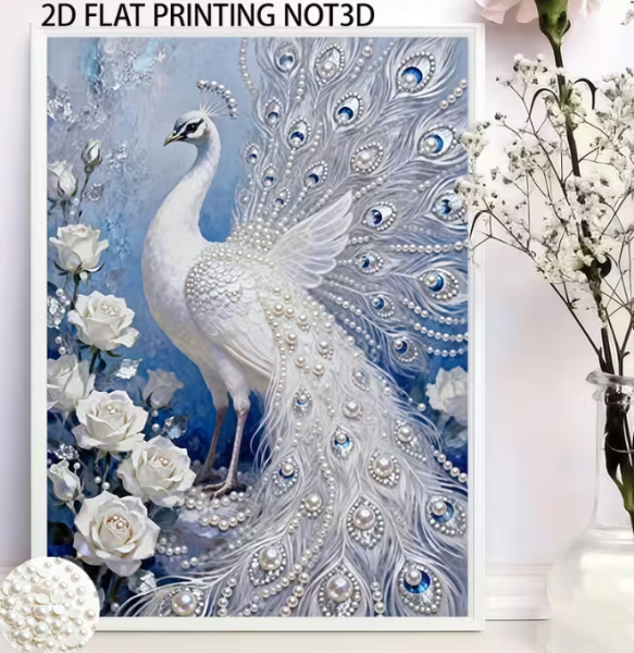 Diamond Painting Perlen Pfau mit weissen Rosen